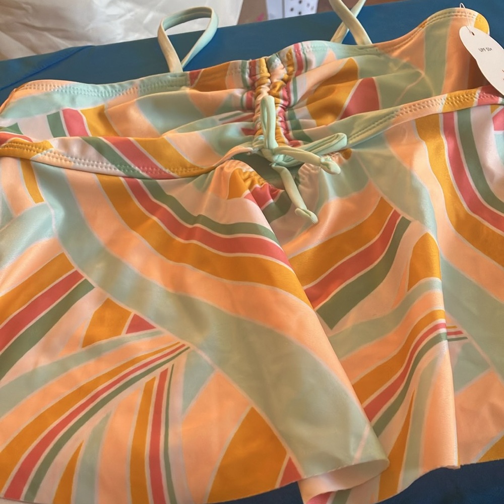 Girls Wonder nation Colorful Striped Swimsuit top large 10/12 NWT